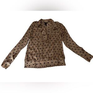 White House Black Market Tan and Black Polka Dot Blouse